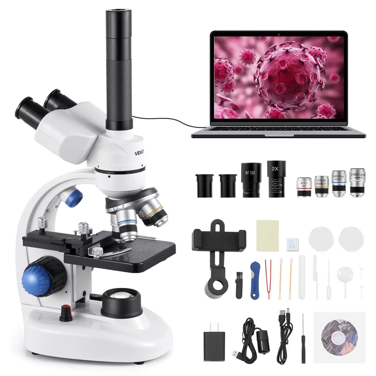 【toolupgrade】VEVOR Trinocular Professional Compound Microscope with 40-5000X High Mag Zoom, WF Eyepieces, 360° Rotatable Design, Phone Adapter, LED Light, Aluminum Alloy Body for Lab, After-School Experiments