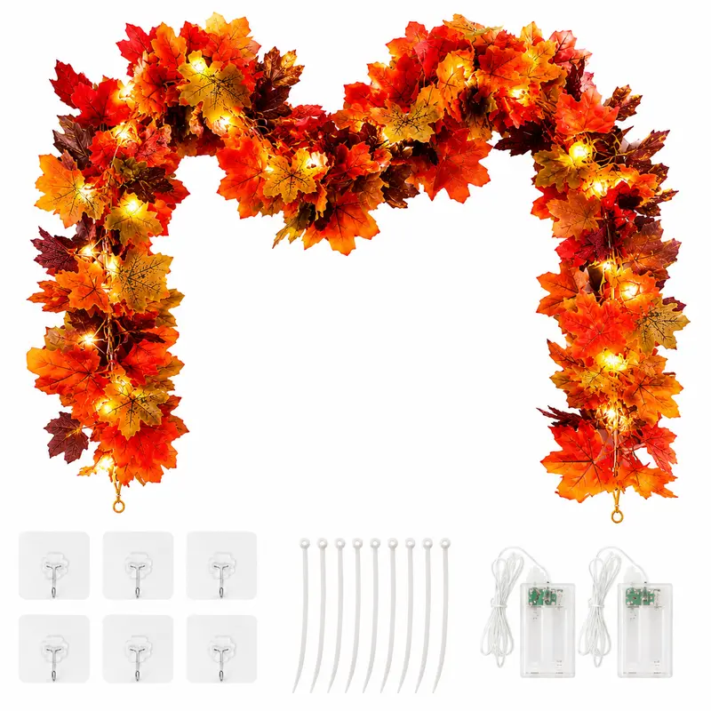 MHDCLY 2-Pack 11.48 FT Cozy Light Up Fall Maple Leaf Garland with Silk Leaves, Home Decor Items, Thanksgiving Hooks & Zip Ties, Indoor/Outdoor Fireplace Mantle Garland Decor