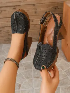 Women's Hollow Out Carved Chunky Heel Sandals, Backless Buckle Mid-Heel Slip-On Shoes, Summer Vintage Breathable Elegant Women's Shoes Footwear