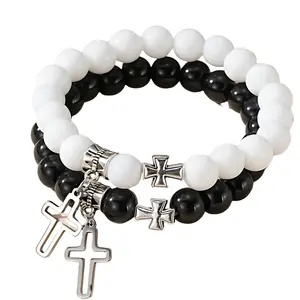2pcs cross friendship bracelets for women, glass bead cross pendant, horizontal cross bracelet for best friend, grandma, mom, sister, daughter