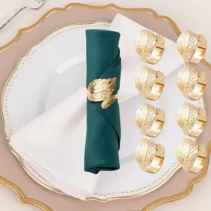 8 Pack Gold Leaf Napkin Rings – Metal Alloy Gold Plated Table Decor for Dining