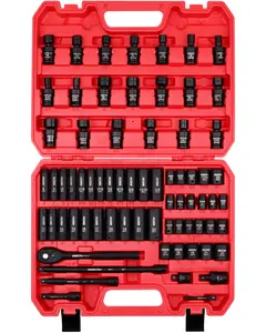 Sedy 71-Piece 3/8" Drive Master Impact Socket Set, SAE and Metric, 5/16"- 3/4", 8mm - 22mm, Cr-V, Cr-MO, Universal Joint Deep Standard Sockets with Ratchet Handle, Swivel Sockets, Extension Bars, Adapters
