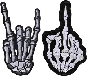 Skeleton Finger Embroidered Applique Patch Heavy Metal Music Hand Symbol Sew on or Iron on Patches for DIY Punk Rock and Roll Costume, Jeans, Jackets, Clothing, Bags