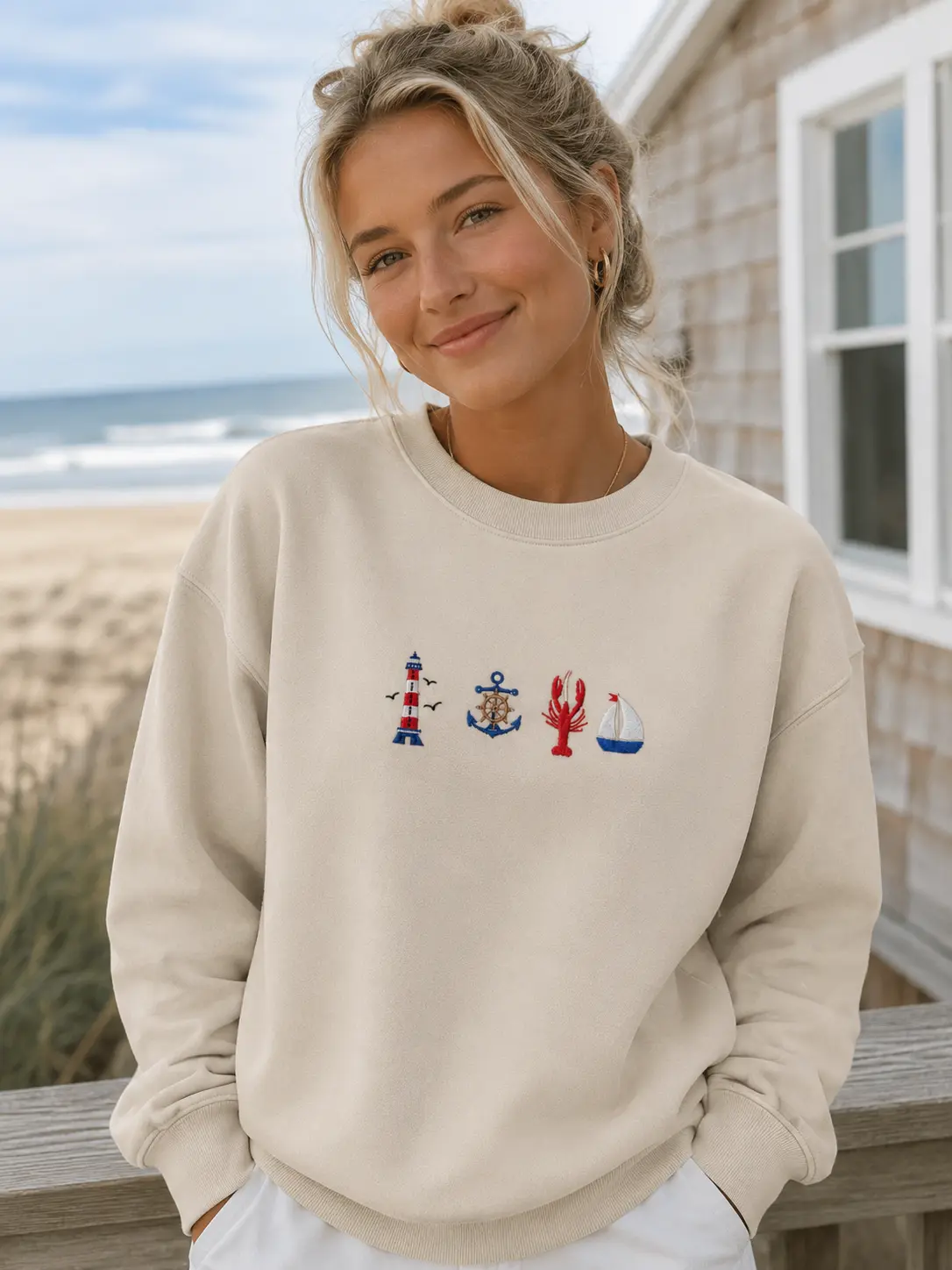 Embroidered Coastal Sweatshirt, Fisherman Aesthetic Crewneck