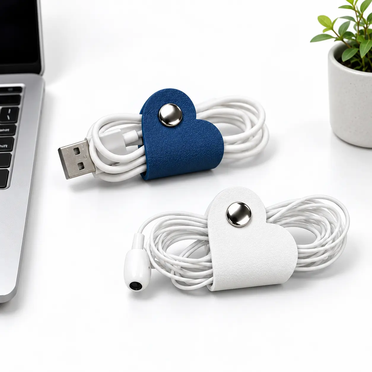 Heart Cable Fastener 2 Pack, Blue & White Cable Organizer with Metal Snap, Compact Cord Holder for Charging Cables, Earphones, USB Cords, Desk, Bag, Office and Travel,1.57 × 1.57 × 0.16 in