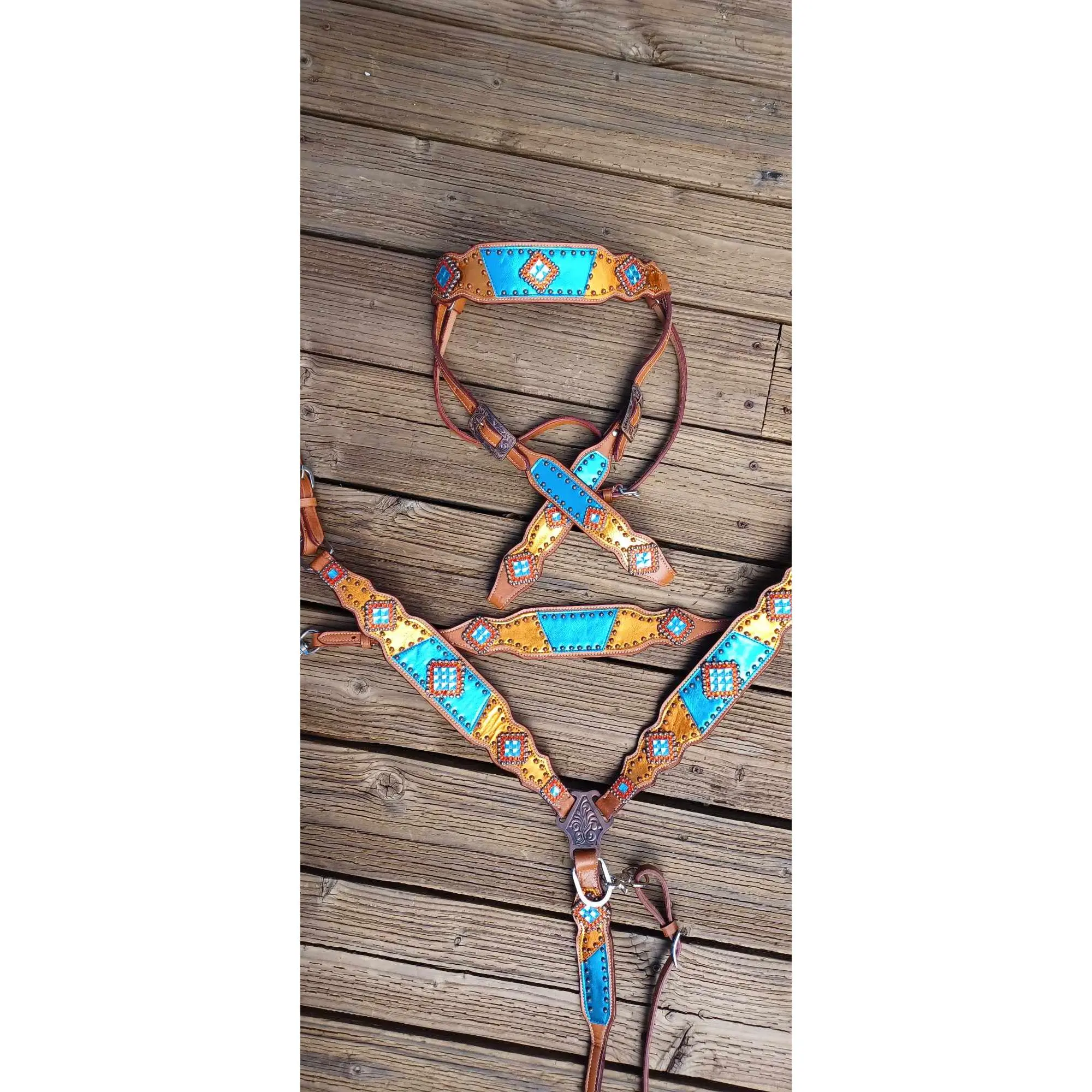 Equestrian Teal-Orange Metallic Concho Accent & Crystal Bling Horse Tack Bridle Set - Cowgirl Roots Design, Includes Wither Strap, Horsewear, Bandaging, 1-Month Durability