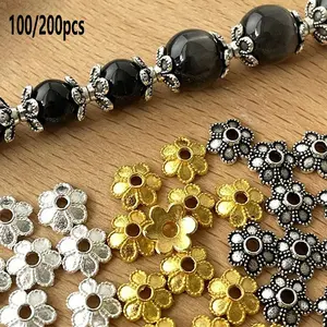 100/200pcs 8mm Six-Petal Flower Spacer Beads, Vintage Silver Color Alloy, DIY Jewelry Making, Bracelets, Necklaces, Accessories