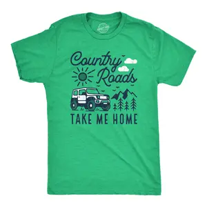 Mens Country Roads Take Me Home T Shirt Funny Nature Lovers Offroad Exploring Adventure Tee for Guys Mens Funny T Shirts Cool Vintage Fashion T-Shirt Gift Classic Menswear Funny Camping Short Sleeve Novelty Green