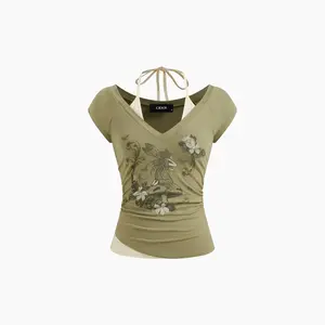 Cider Cotton-blend Halter Neckline Graphic Two Tone Ruched Top