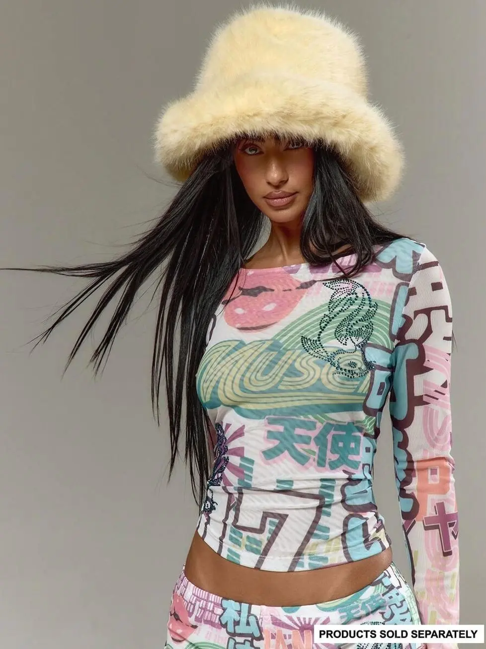 Graphic Mesh Long Sleeve Top, Rhinestone Embellished Sheer Y2K Shirt for Festival, Rave, Clubwear, and Summer Vacation
