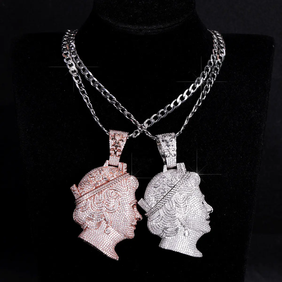 Queen Head Pendant Blinged Out Royal Portrait Charm for Hip Hop Streetwear Vibe with Sparkling Details
