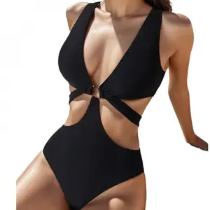 New solid color slim fit sexy bikini one-piece swimsuit sexy deep V-neck swimsuit, women's summer beach vacation swimsuit, abdominal control swimsuit halter neck high cut open front swimsuit