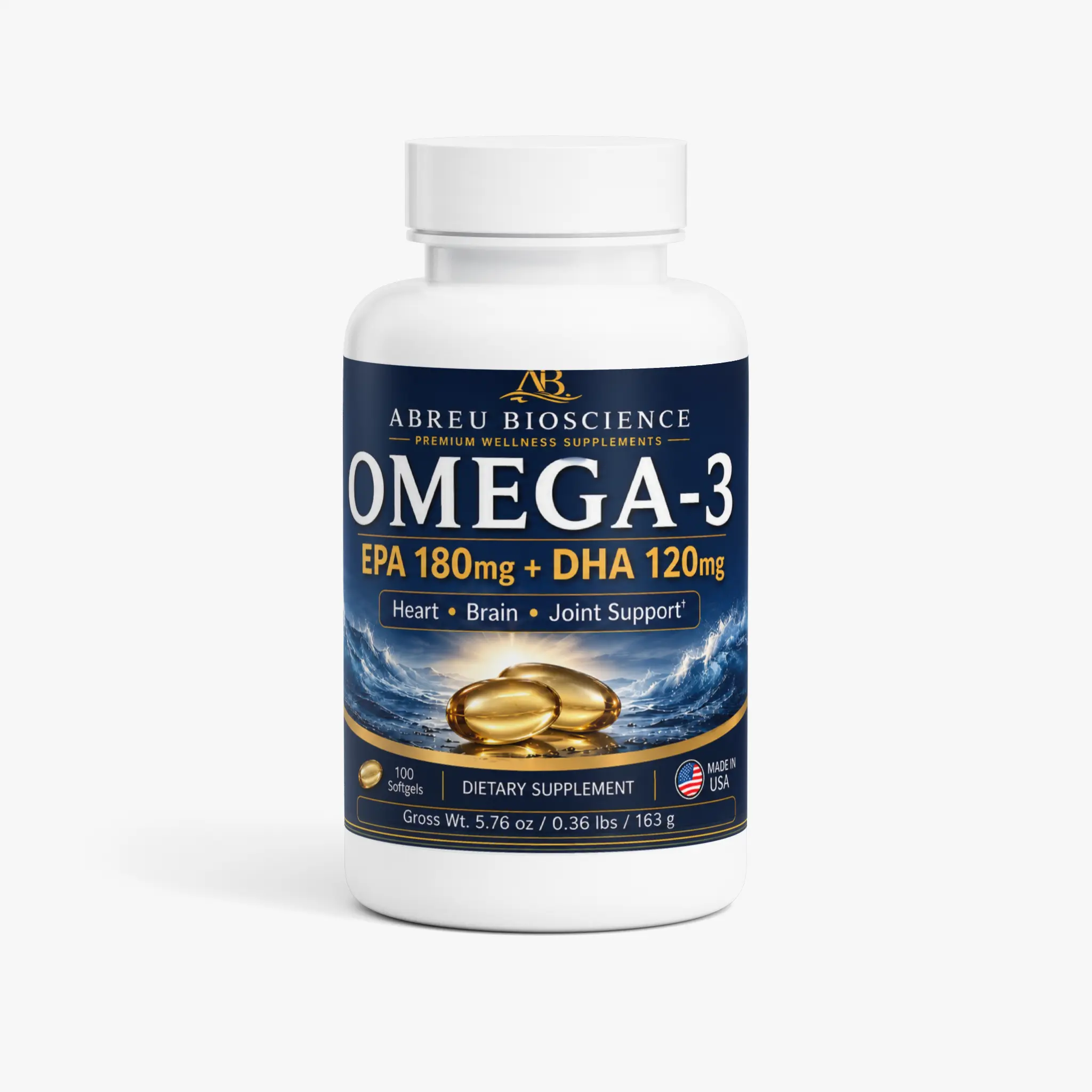 Abreu BioScience Omega-3 EPA 180mg + DHA 120mg: Supports Cardiovascular Health, Enhances Brain Function, Reduces Inflammation, Promotes Eye Health