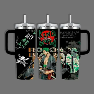 Roronoa Zoro King of Hell 40oz Insulated Tumbler with Handle, Pirate Hunter One Piece Travel Mug, Greatest Swordsman Double Printed Vacuum Flask, Anime Fan Gift