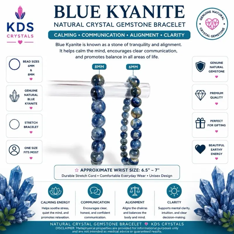 Blue Kyanite Natural Crystal Gemstone Bracelet 6mm 8mm Genuine Stretch Beaded Bracelet