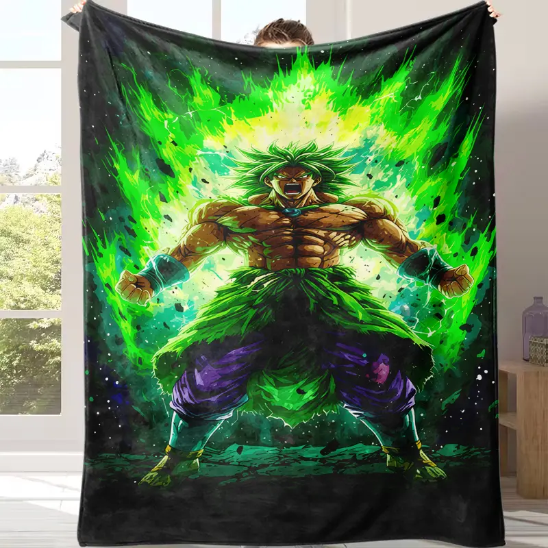 Legendary Super Saiyan Broly Green Power Burst Dragon Ball Super Anime Fleece Blanket Anti Pilling Skin Friendly Warm Light Cover Ideal For Teens Dorm Anime Watch Night Camping Travel Affordable Shonen Anime Fan Decor Throw Blanket