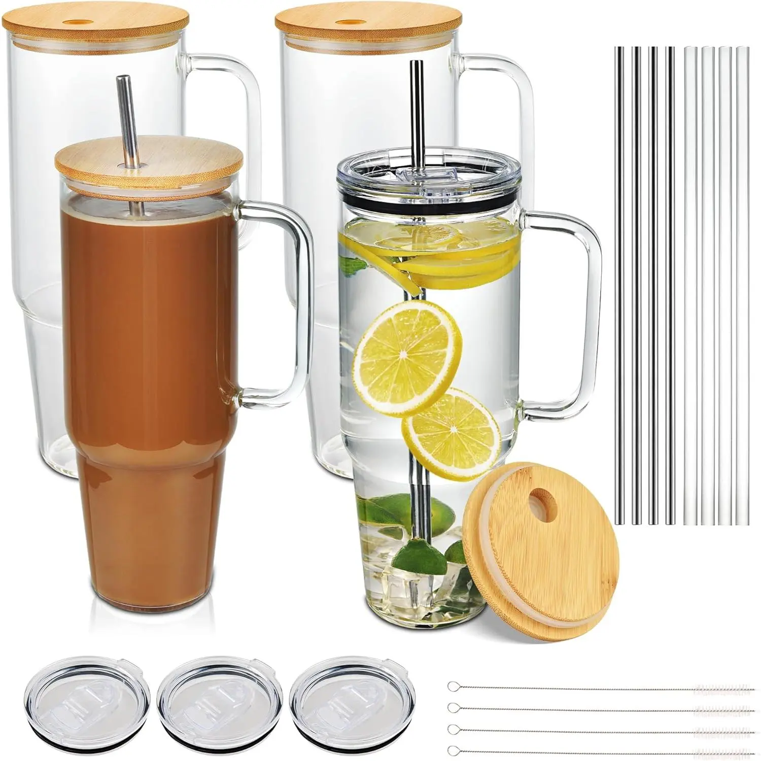 40 oz Glass Tumbler with Handle, 4Pack Clear Tumblers with Lid and Straw,  40oz Iced Coffee Cups Drinking Cups for Smoothie, Beer, Coffee, Tea, Milk,  soda, water - TikTok Shop