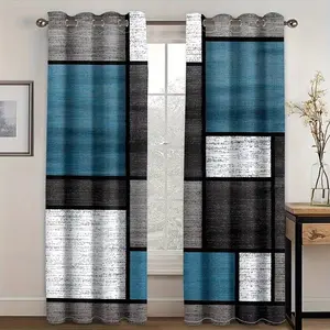 Geometric Denim Blue Plaid Print Curtains, Hole Accessories, Living Room Decor, No Cord, Half Transparent, Metal Ring Top