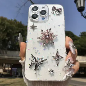 Glitter Star & Flower & Rhinestone Decor Phone Case, Rotating Decompression Phone Protective Cover, Phone Accessories Compatible with iPhone 16 15 14 13 12 11 Pro Max, Casing