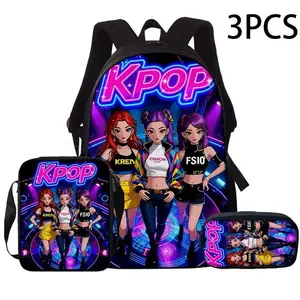 2026 Back to School 3Pcs K POP Witch Hunting Team Cartoon Letter Print Womens Backpack Versatile Daily Bag For Students Campus School Work Commute Shopping Cute Cartoon Character School Backpack For Women