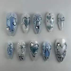 24 Pcs Almond Baby Blue Shiny Silver White Ombre Love Heart Silver Foil Bow Grid Press On Nails, Silver Butterfly Pearl Rhinestone Glitter Gradient Octagram Gold Bead Inlaid Nail Set with Jelly Glue and Nail File