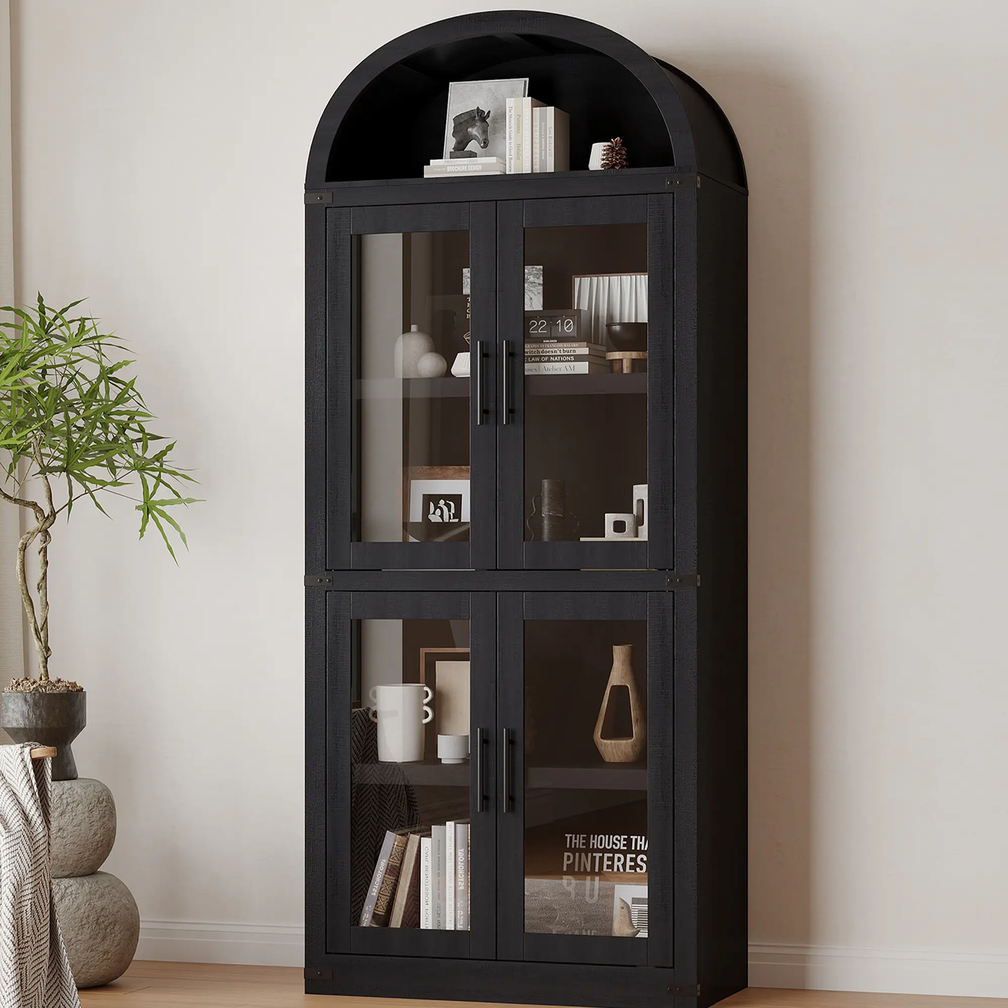 72" Tall Arched Bookshelf Cabinet, Modern Farmhouse Wood Bookcase with 4 Glass Doors & Open Shelf, Freestanding Storage Organizer for Living Room or Bedroom