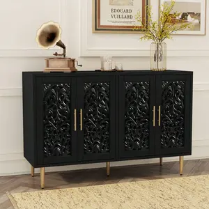 47.8" Accent Cabinet  4 Doors, Vintage Hollow Carving Buffet Cabinet, Sideboards And Buffets  Storage Credenza For Living Room, Kitchen, Dining Room, Entryway, Hallway with Kids Metal Plush Rocking Horse Chair Modern Tall Solid Wood Dresser
