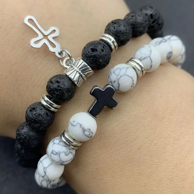 Handmade Cross Lava Rock and Turquoise Bracelets, Matching Set of 2 for Couples, 8mm Beaded Bangle Jewelry on Durable Elastic Cord, 7-7.5 Inches, Bracelet Jewelry, Beaded Cross Bracelets, Couple Bracelet Set