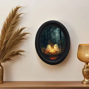 Vintage Halloween Ghosts Wall Art, Handmade Oval Wooden Decoration, 5.25x4.16 Inches, Perfect for Christmas & Thanksgiving Decorations, Modern Home Decor, Decorative Artwork