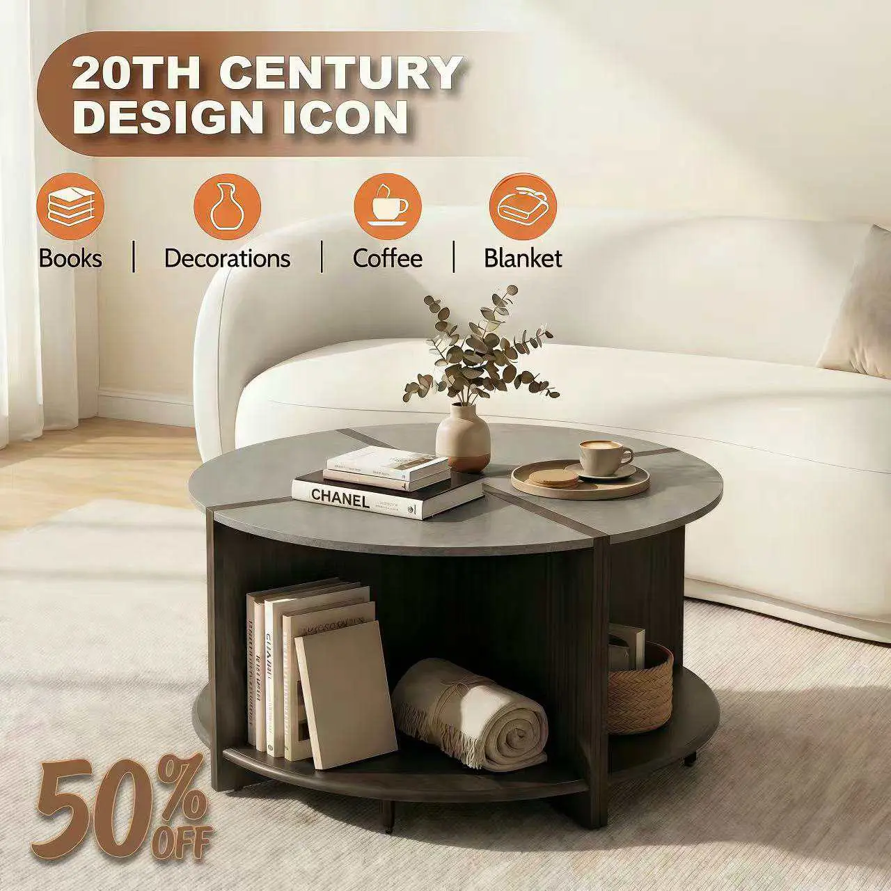 COMHOMA 4-in-1 Modular Round Coffee Table, Split & Combine Freely, 2-Tier Open Storage for Books & Decor, Scratch-Resistant Faux Marble Top, Sturdy Frame Supports 200 LBS, Industrial Style Accent Furniture for Living Room & Apartment