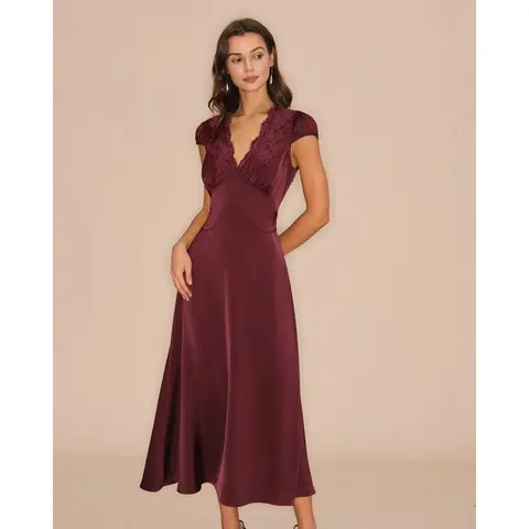 RIHOAS Women's Plain Wine Red V-Neck Cap-Sleeve A-Line Waisted Lace Tunic Maxi Dress - Polyester, Elegant, Casual, Tie-Accent