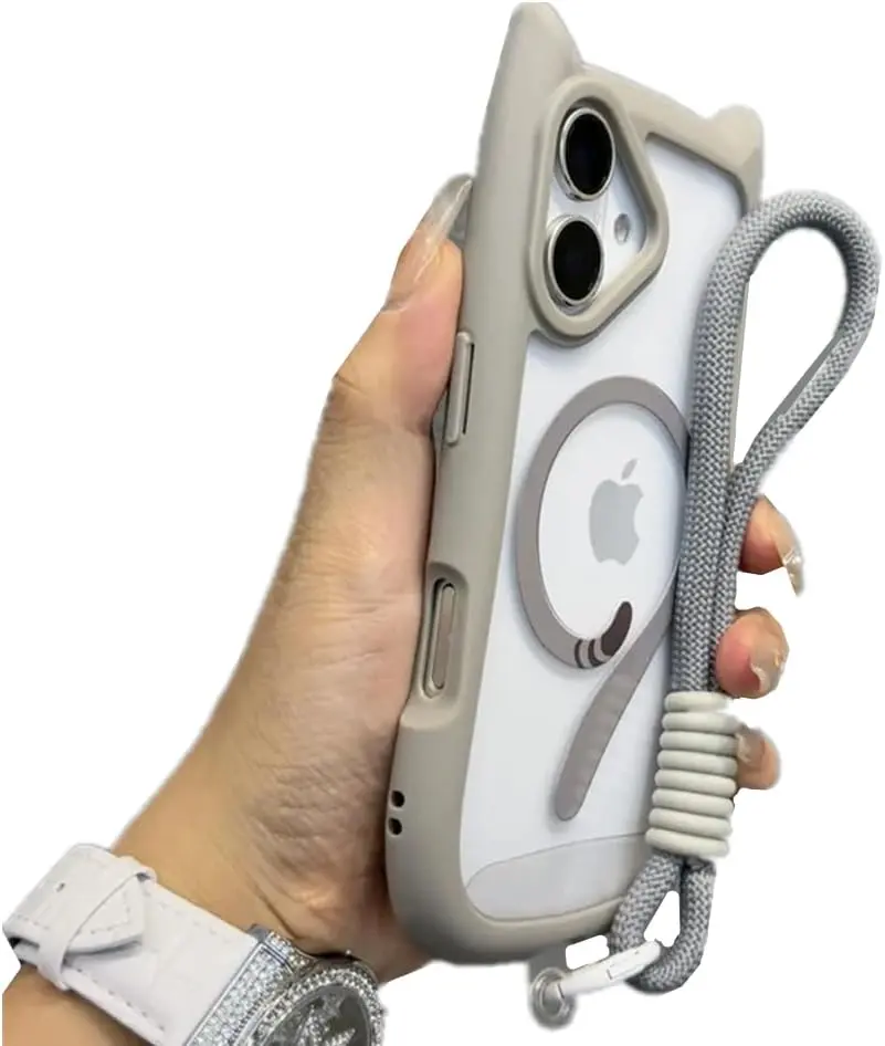 3D Cute Cat Ear Magsafe Case for iPhone 17 Pro 13 14 15 16 Plus 11 12 Pro Max Transparent PC Armor Cover with Wrist Strap Chain