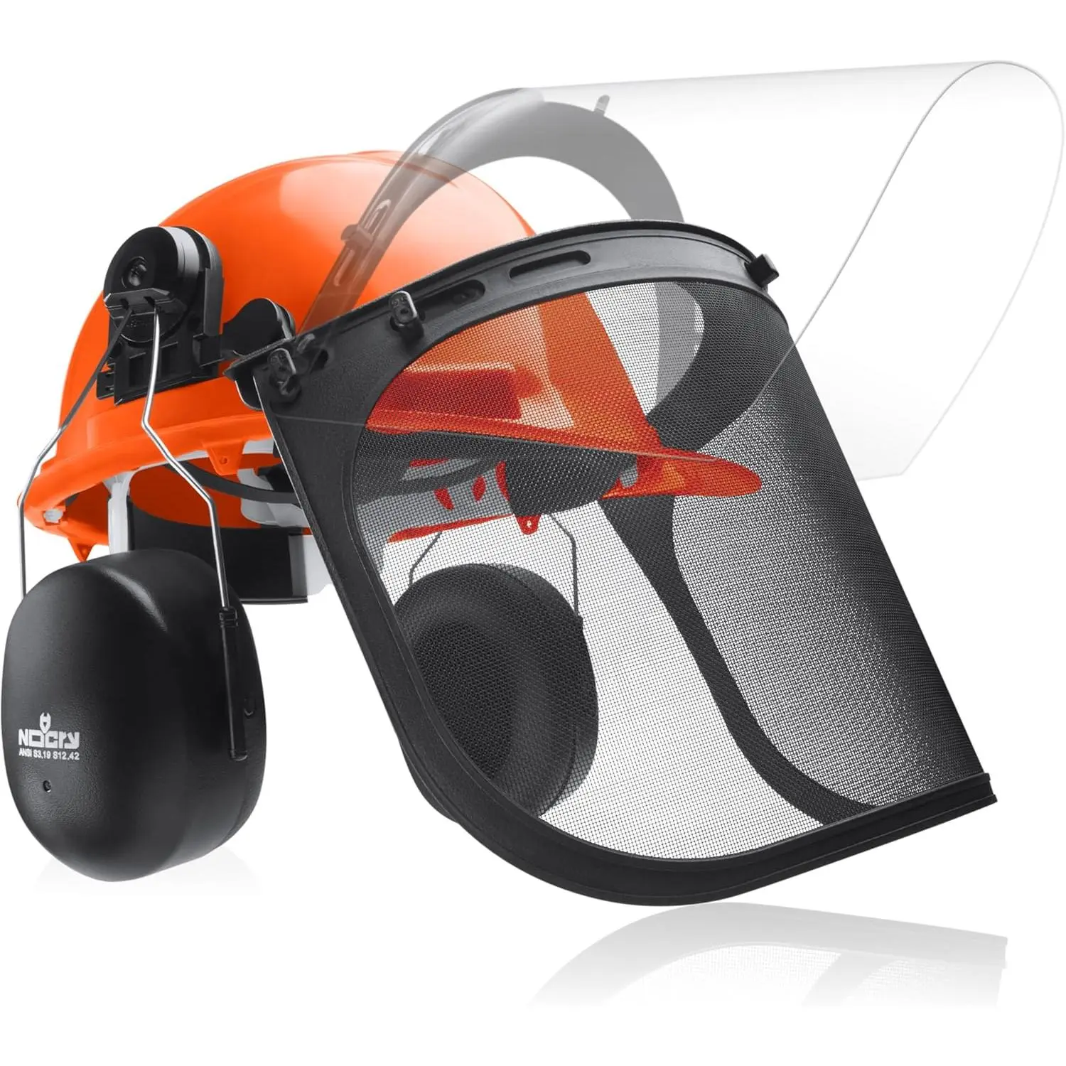 6-in-1 Industrial Chainsaw Helmet with Face Shield and Ear Muffs - Mesh & Clear Plastic Visors Included - ANSI Z89.1 Certified - Adjustable Headgear - Ideal for Forestry and Arborist Work