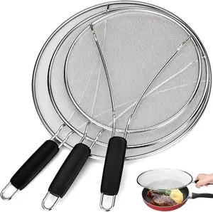 3Pcs Splatter Screen for Frying Pan, Stainless Steel 9.8/11.4/13 Inch Fine Mesh Grease Splatter Guard with Silicone Handle