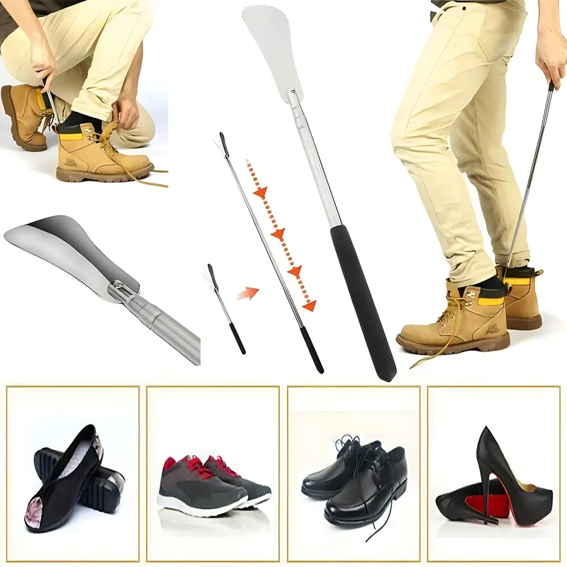 Telescopic shoe puller，Adjustable (12" to 26") Shoe Lifter for Men, Premium Stainless Steel Shoehorn, Shoe Helper for Seniors, Shoe Horns for Pregnant Woman, Long Handle Shoe Horns for Men, Metal Shoe Horn for Kids or Adults