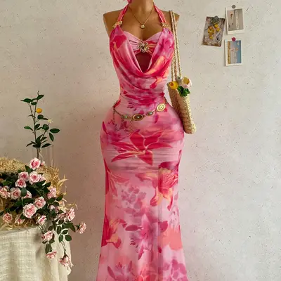 beach dresses amazon CUPSHE Summer Dress for Women V Neck Sleeveless Floral Cutout Smocked Ruffled Maxi Formal Dress Blue Floral, XS at Women's Clothing store Beach Dresses Tropical Dresses Amazon