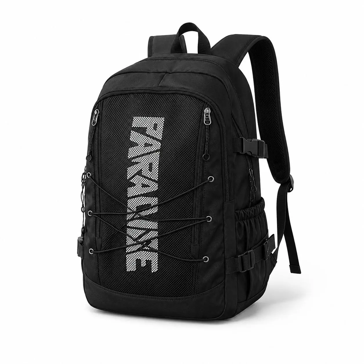 Casual Solid Black Backpack for School, Lightweight Street-Style Daypack for Travel with Multi-Pockets & Front Bungee Cord, Backpacks For School