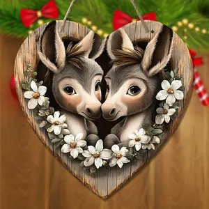 Donkey Pattern Wooden Hanging Ornament, 1 Count Lovely Heart Shaped Hanging Decoration, Hanging Decor for Home Front Door Wall
