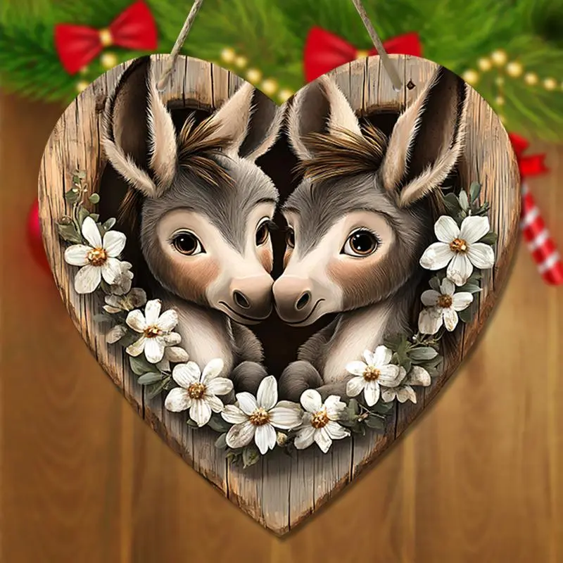 Donkey Pattern Wooden Hanging Ornament, 1 Count Lovely Heart Shaped Hanging Decoration, Hanging Decor for Home Front Door Wall