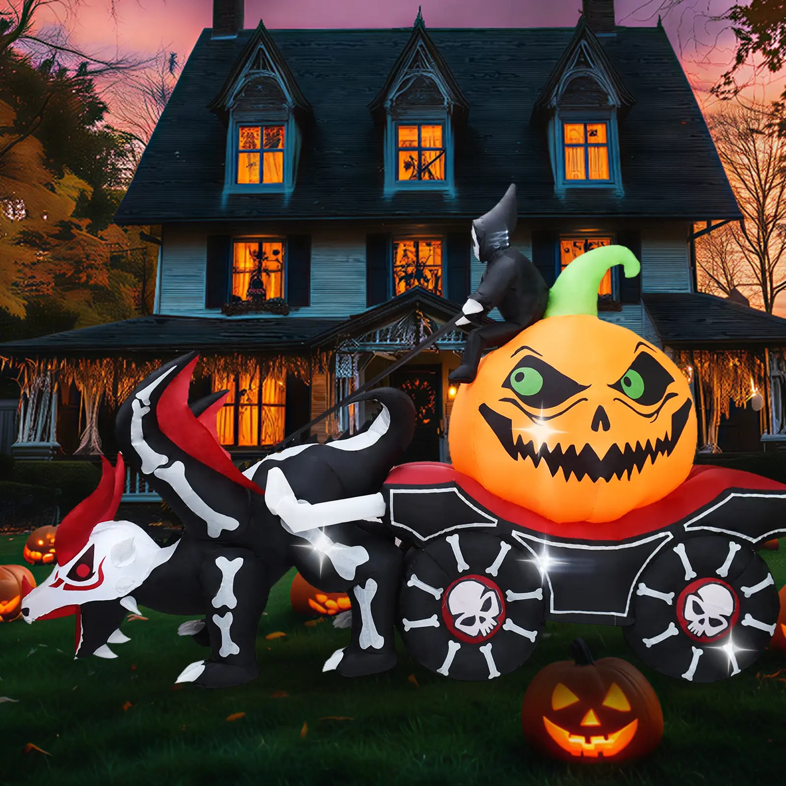 9FT Halloween Inflatable Outdoor Decorations，Blow Up Dragon Pull Pumpkin Cart Decor，with Build-in LED for Yard Lawn Party Garden Outside Indoor Home Porch Trick or Treat