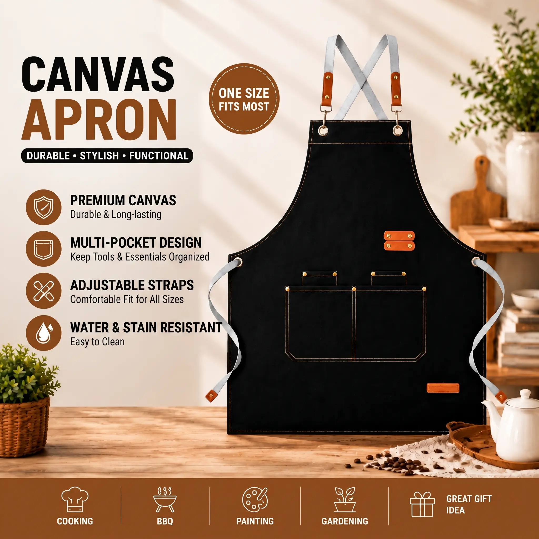 Adjustable Waterproof Chef Apron – Durable Cooking & Baking Apron with Pockets for Men & Women (BBQ, Kitchen, Crafts)#SummerVibes Black Tool