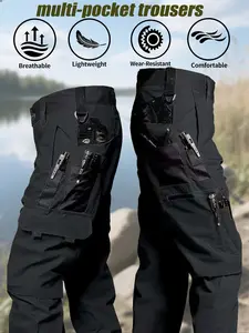 Men's Outdoor Tactical Work Pants, Durable Multi-Pocket Cargo Pants, All-Season Solid Color, Ideal for Hiking, Climbing, Exploring