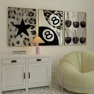 Set of 3 Gallery Cheetah Print 8 ball Pool Apartment Decor, Cherry Wall Decor, Black and White