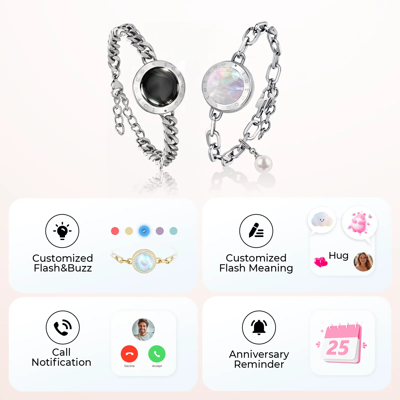 Totwoo Soulmate Touch Bracelets for Couples Vibration & Light Up Bluetooth  Pairing Jewelry for Long Distance Relationships Special Gift for Girlfriend 