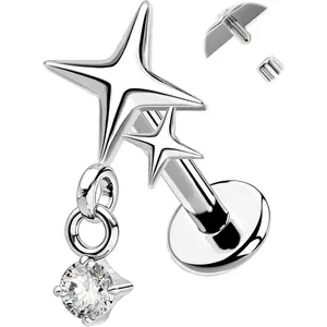 G23 Titanium Flat Back Helix Earrings, 16g Internally Threaded Nose Stud, Star Dangle Tragus Conch Lip Cartilage Piercing Jewelry for Women