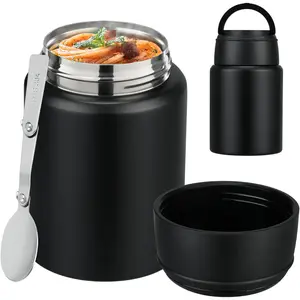 16oz Insulated Leakproof Soup Jar for Kids Hot Food, Wide Mouth Stainless Steel Lunch Container with Handle Folding Spoon for School, Suitable for Age 3+