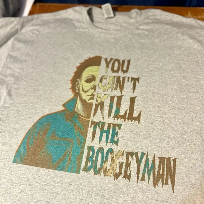 Halloween Tshirt - You Can't Kill The Boogeyman Design - Gray Tee with Iconic Text and Graphic