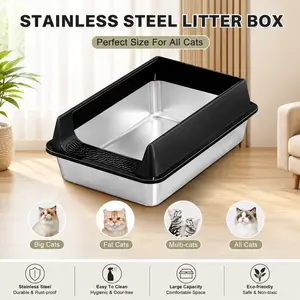Prevent Litter Splash Oversized Stainless Steel Litter Box Semi-enclosed Splash-proof Leak-proof Design Removable Lid for Large Indoor Cats cat litter box