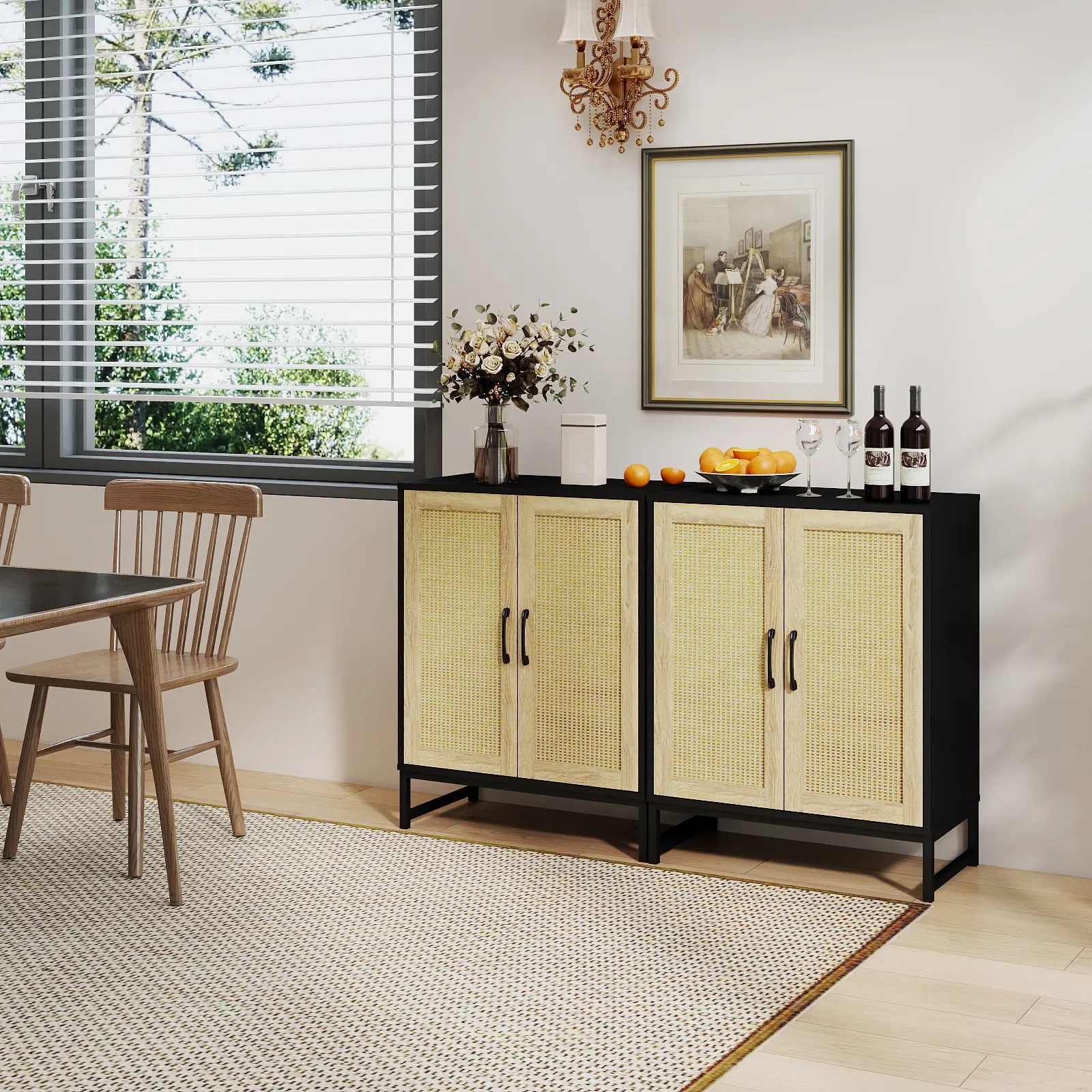 Wood Sideboard Buffet - 48.4 in Wide Waterproof Coffee Bar Cabinet, 33.3 in Tall 15 in Deep Kitchen Storage Cupboard with 2 Rattan-Decorated Doors, Adjustable Shelves, Assembly Required for Living Room Use