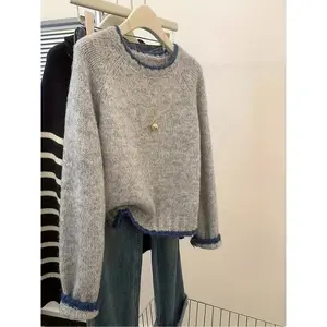 Elegant Knitted Sweater for Women, Fall Winter New Colorblock Round Neck, Loose Fit Casual Lazy Style, Warm Comfortable High-End Design